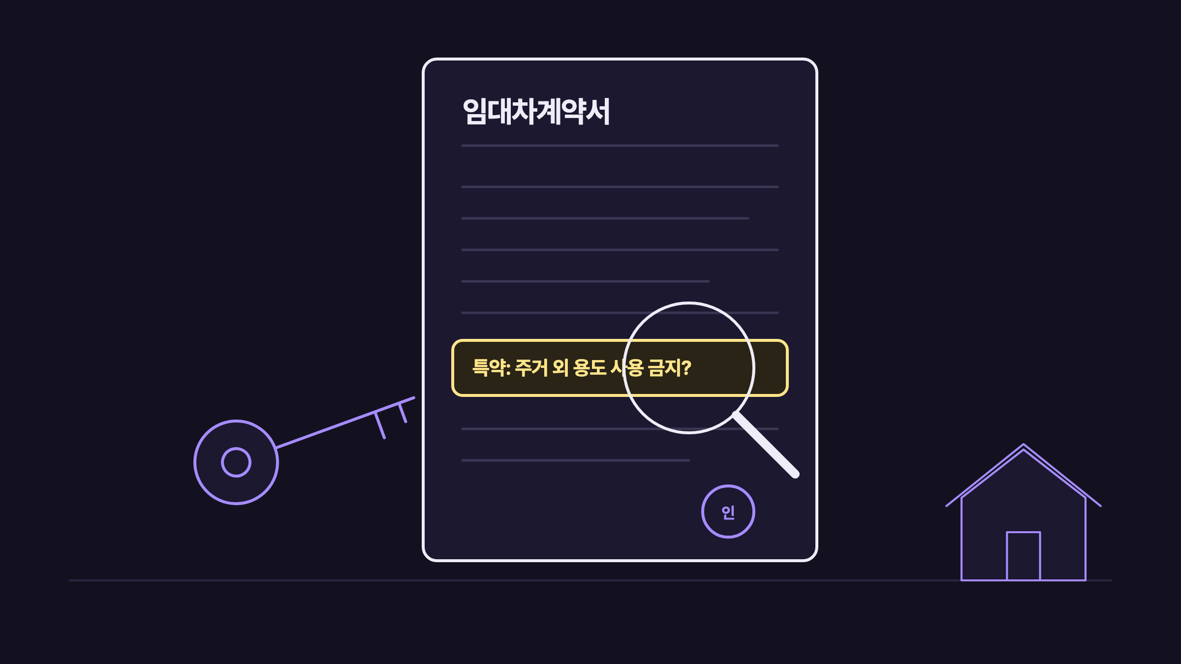 임대차계약서의 주거 외 용도 사용 금지 특약 줄을 돋보기로 확인하는 선 그림